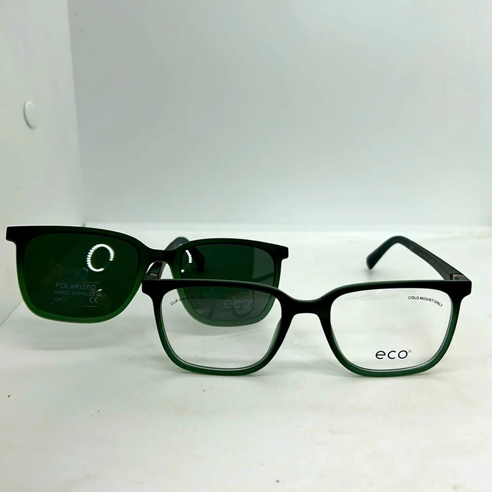 ECO Men’s Cypress MDGRN Eyeglasses Frames & Polarized Sun Clip On. RXable NWT